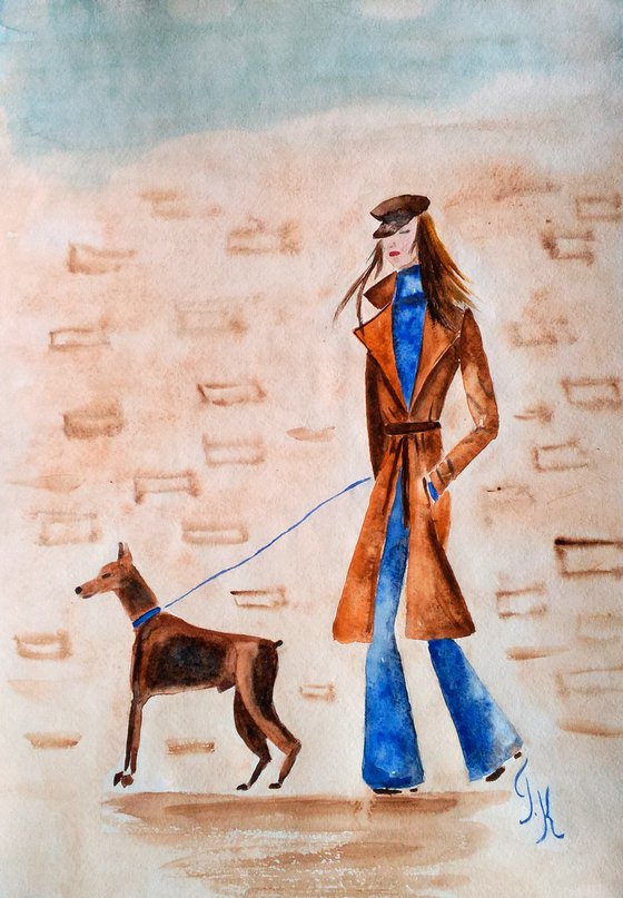 Lady Painting Dog Original Art Woman Watercolor Walking the Dog Artwork Pet Small Animal Wall Art 12 by 17" by Halyna Kirichenko