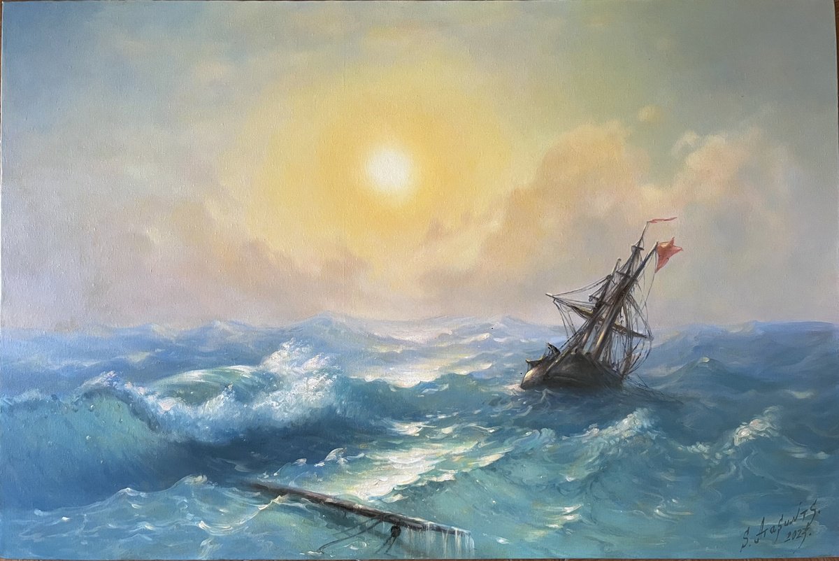 Impressionistic Landscape Oil Painting By Samvel Atasunc, 35 X 24", Storm At Sunset, Original Artwork