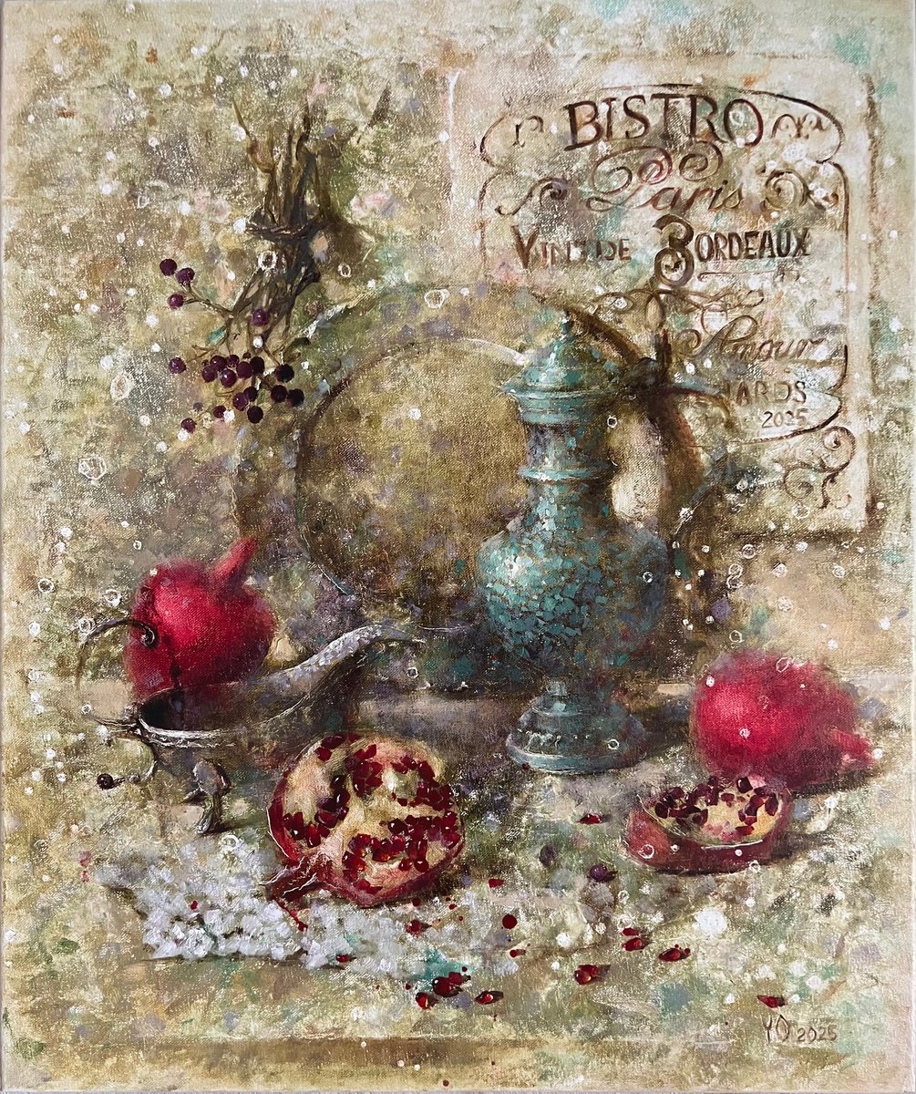 Impressionistic Still Life Oil Painting By Yulia Odukalets, 20 X 24", Pomegranate In French Bistro, Original Artwork