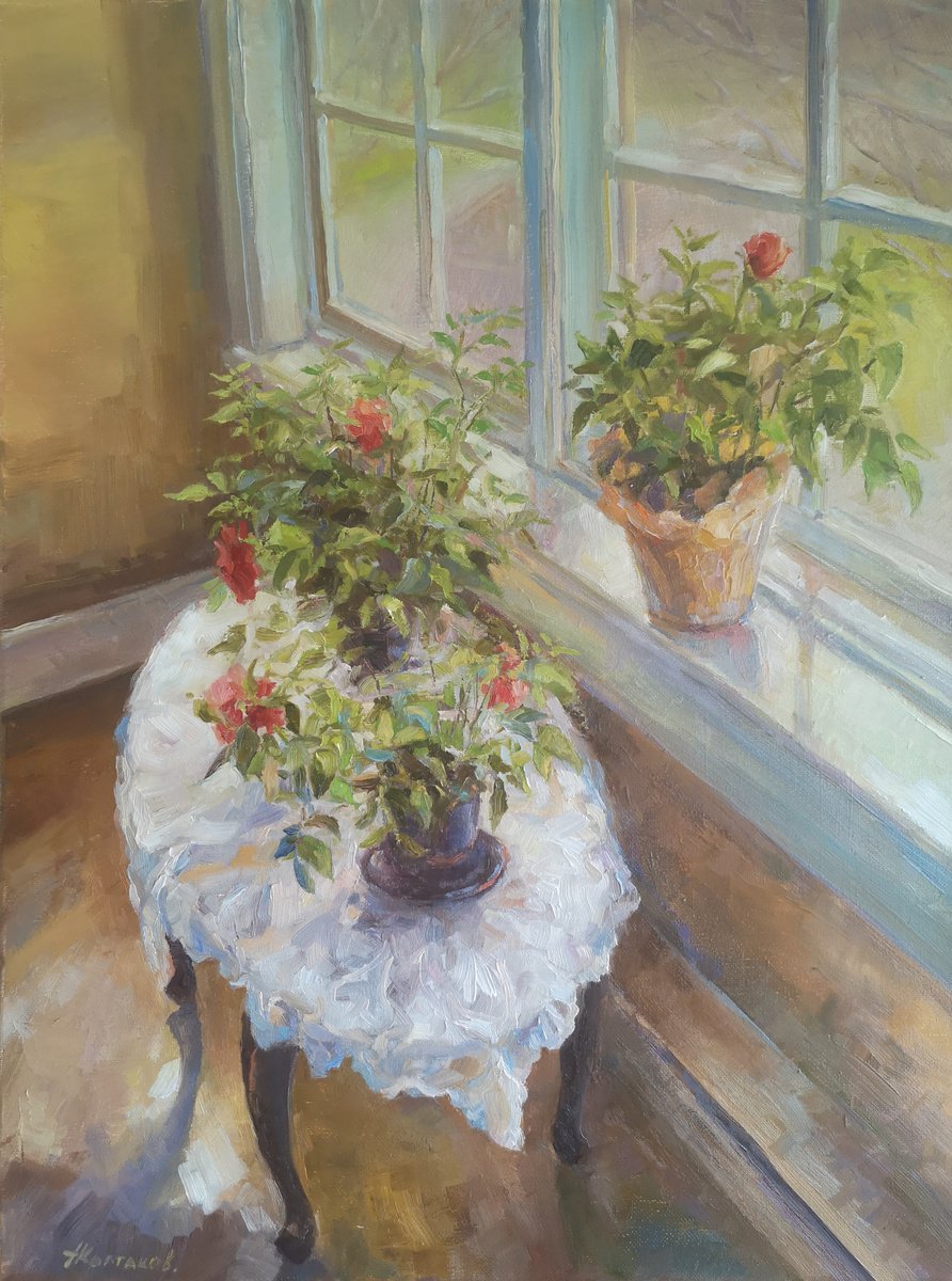 By the window, original one-of-a-kind, oil on canvas impressionistic style still life pai... by Alexander Koltakov