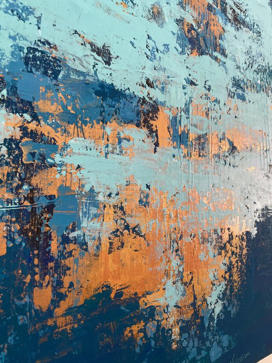 BLUE TEMPTATION - 60 x 80 CM - TEXTURED ABSTRACT PAINTING ON CANVAS * BRIGHT BLUE * PETROL * GOLD * COPPER