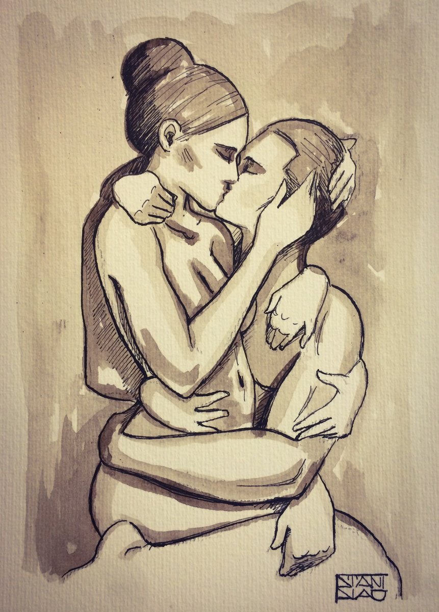 Expressive Ink Drawing , The Kiss By Vincenzo Stanislao, 7 X 9, Artwork For Sale On Artfinder