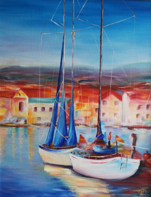 By the Pier, oil painting, original gift, home decor, Bedroom, Living Room, Red, Blue, Italy, Travel, Romance, Yachts, Breeze, Regatta by Natalie Demina