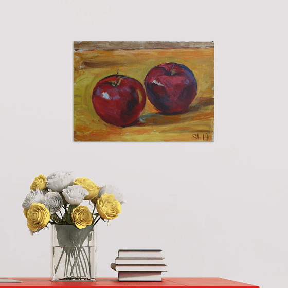 Two red apples. Acrylic on paper. 42x30 cm
