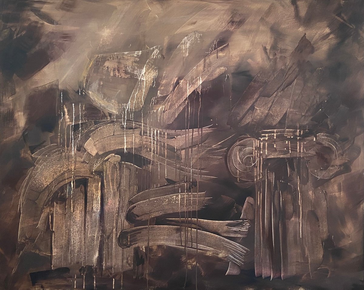 Abstract Landscape Acrylic Painting By Junija (Yuna) Galejeva, 39 X 31", Reflections On Ancient History, Original Artwork