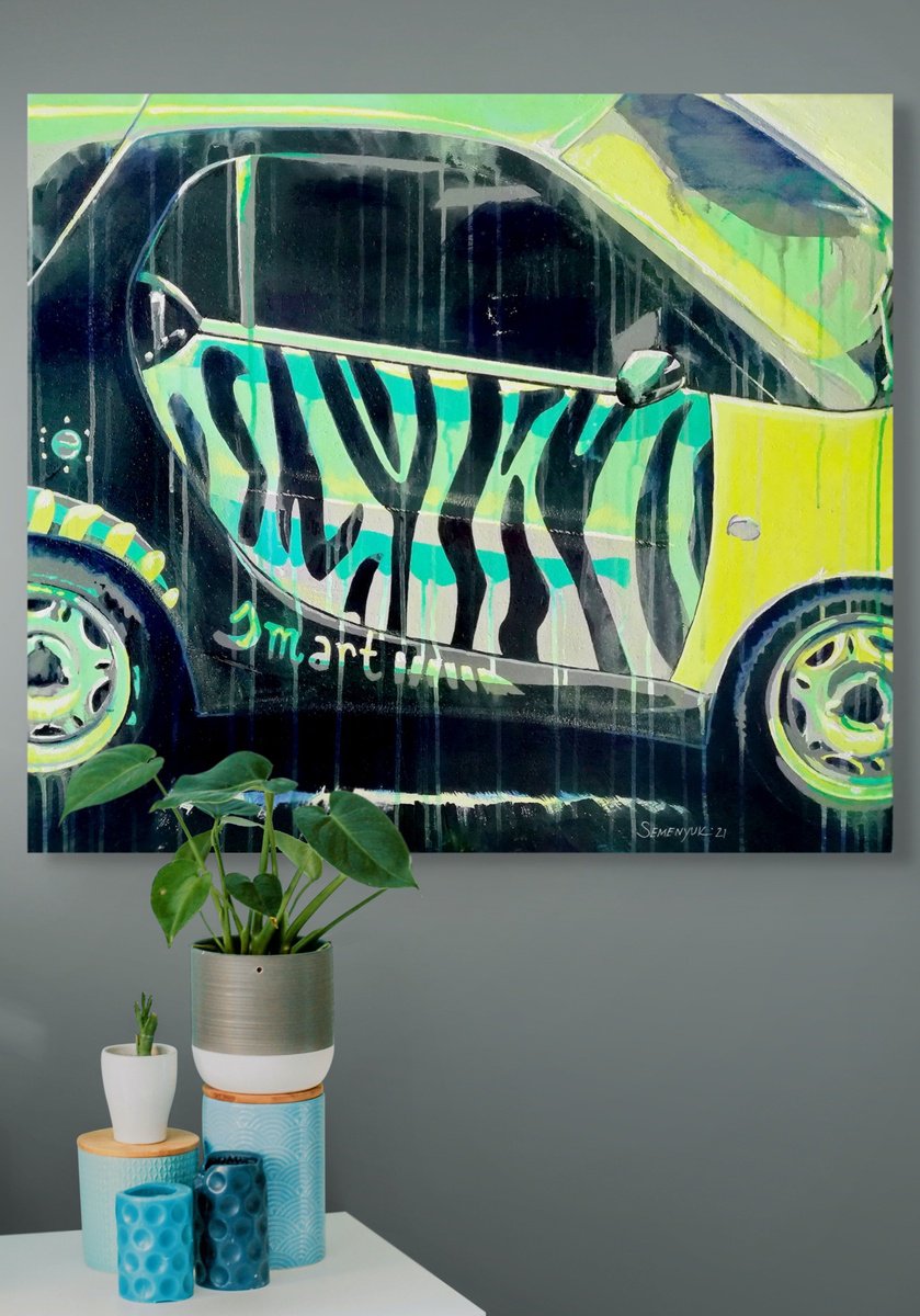 Urban And Pop Transport Acrylic Painting By Evgen Semenyuk, 31 X 28, Mechanical Zebra, Original Artwork