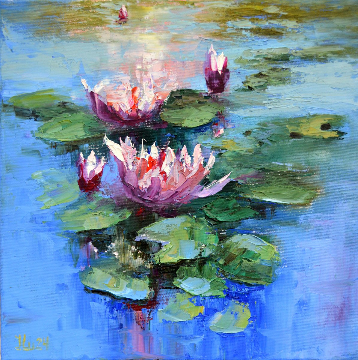 Impressionistic Landscape Oil Painting By Elena Lukina, 12 X 12, Water Lily Inspiration, Original Artwork