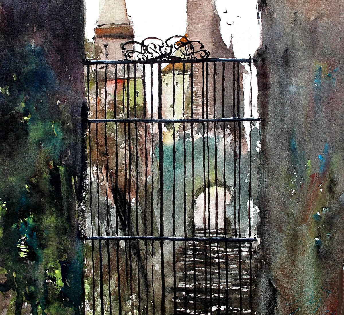Impressionistic Landscape Watercolour By Maximo Damico, 12 X 11", The Gate, Original Artwork