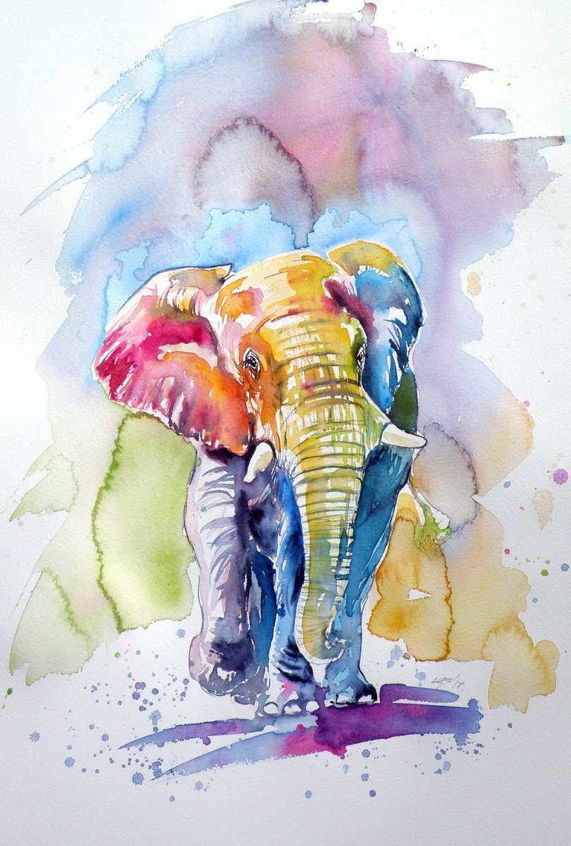 Impressionistic Watercolour , Colorful Elephant By Kovacs Anna Brigitta, 15 X 22, Artwork For Sale On Artfinder