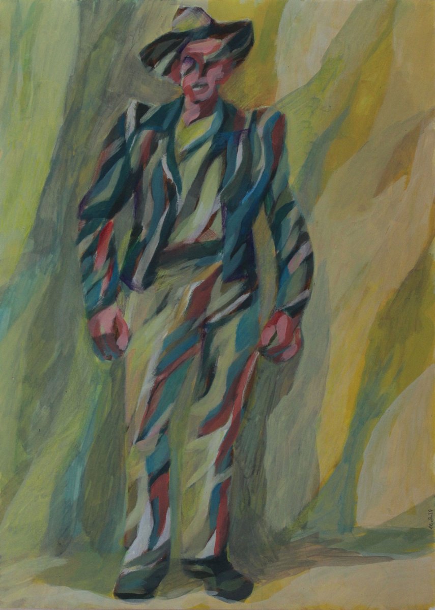 Expressive Portrait Acrylic Painting By Martin Singer, 12 X 16", Full Length Man, Original Artwork
