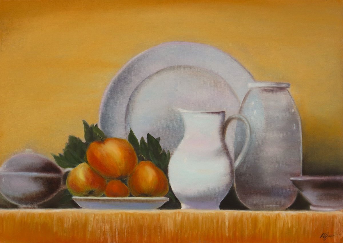 Photorealistic Still Life Oil Painting By Ludmilla Ukrow, 28 X 20", Still Life With Utensils, Original Artwork