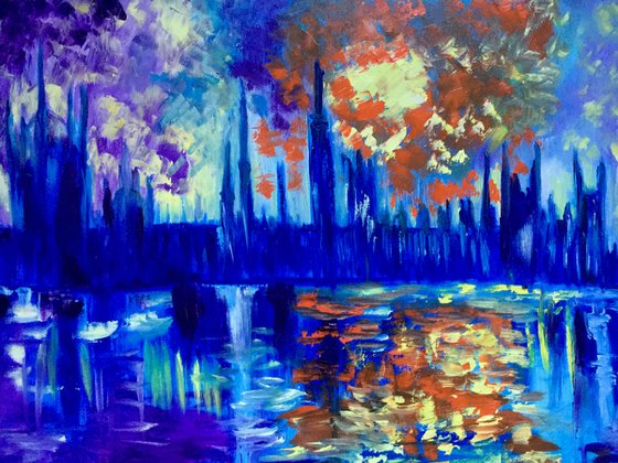 Sunset  in London. Big Ben. House of Parliament. 90 x55 LARGE OIL PAINTING