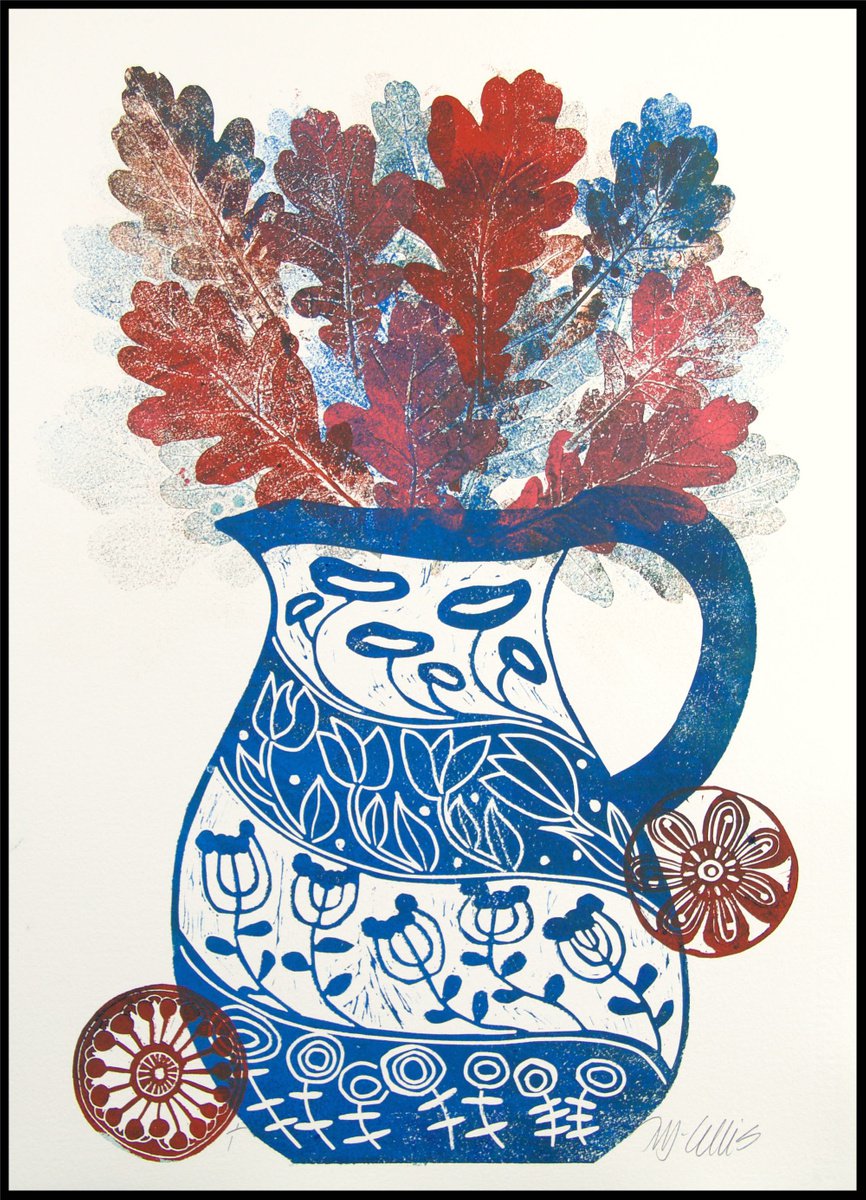 Blue jug with oak leaves, linocut with mixed media by Mariann Johansen-Ellis