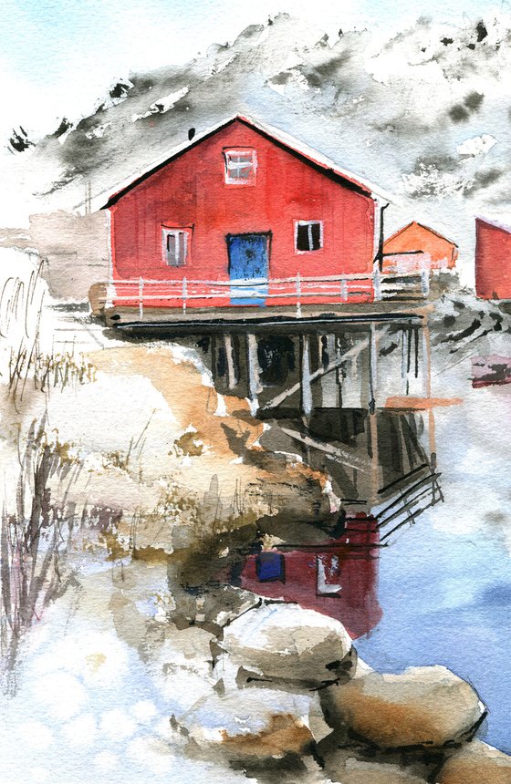 Scandinavian  painting with red houses, ocean painting , gift idea, , original watercolor artwork