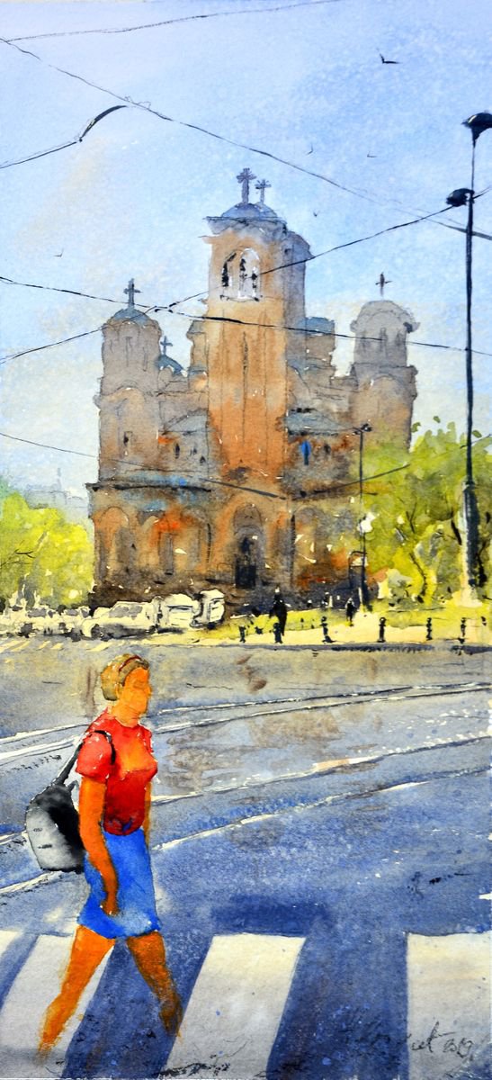 Girl before St. Marko`s church Belgrade small #1 by Nenad Koji? watercolorist