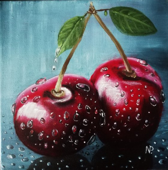 cherries twins. original still life oil painting, gift ide art for home