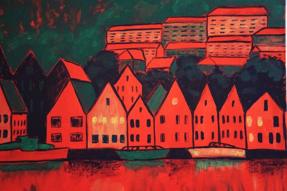 Big acrylic painting Bergen Bryggen, Norway fjord, green and red