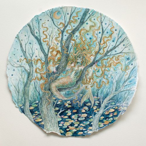 Watercolor Mermaid on the tree by Liliya Rodnikova