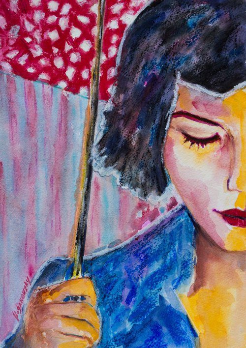Rain - Mixed - media painting of a woman with umbrella under the rain by Ola Bogakovsky