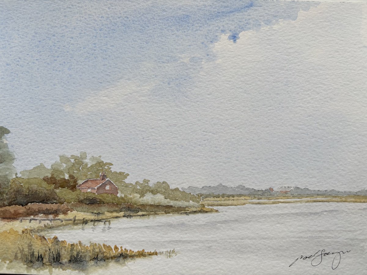 Impressionistic Landscape Watercolour By Noel Sawyer, 10 X 7", Cottage On The Alde, Original Artwork
