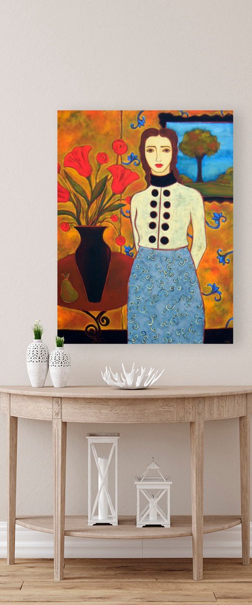 Woman with Tulips and Landscape by Karen Rieger