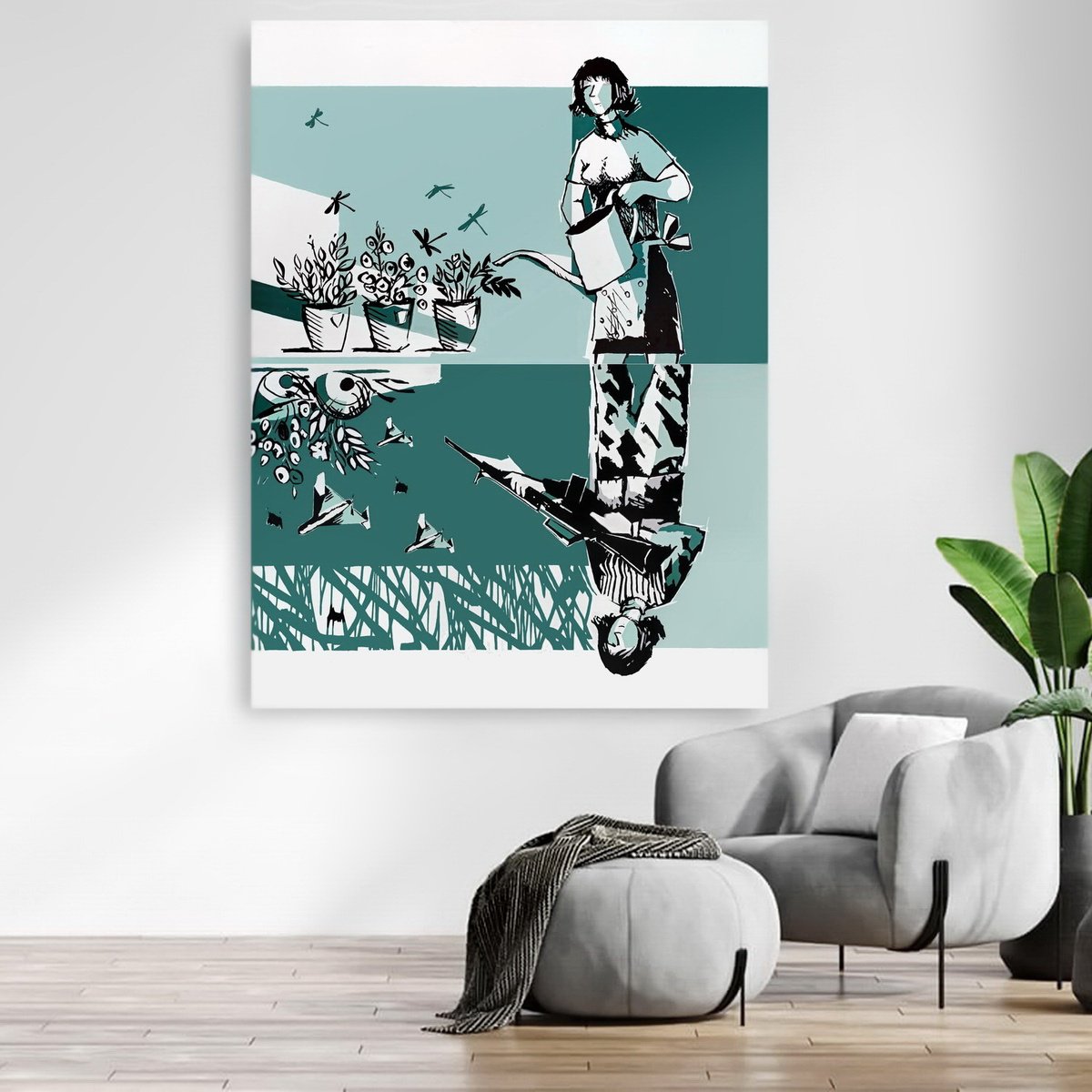 Urban And Pop Portrait Acrylic Painting By Evgen Semenyuk, 47 X 63, Mirror. Flowers And Rifles, Original Artwork