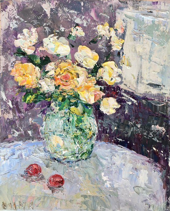 Still life with roses and cherries