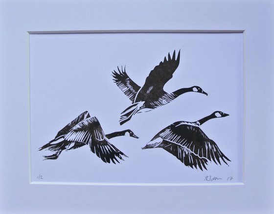 Three Birds in Flight Linocut, Printed in Blue, Geese Migrating, Print on Paper, Mounted