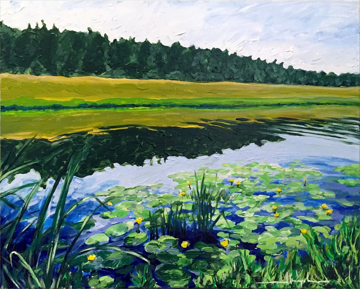 Impressionistic Landscape Acrylic Painting By Alex Nizovsky, 30 X 24, Lily Pond #1, Original Artwork