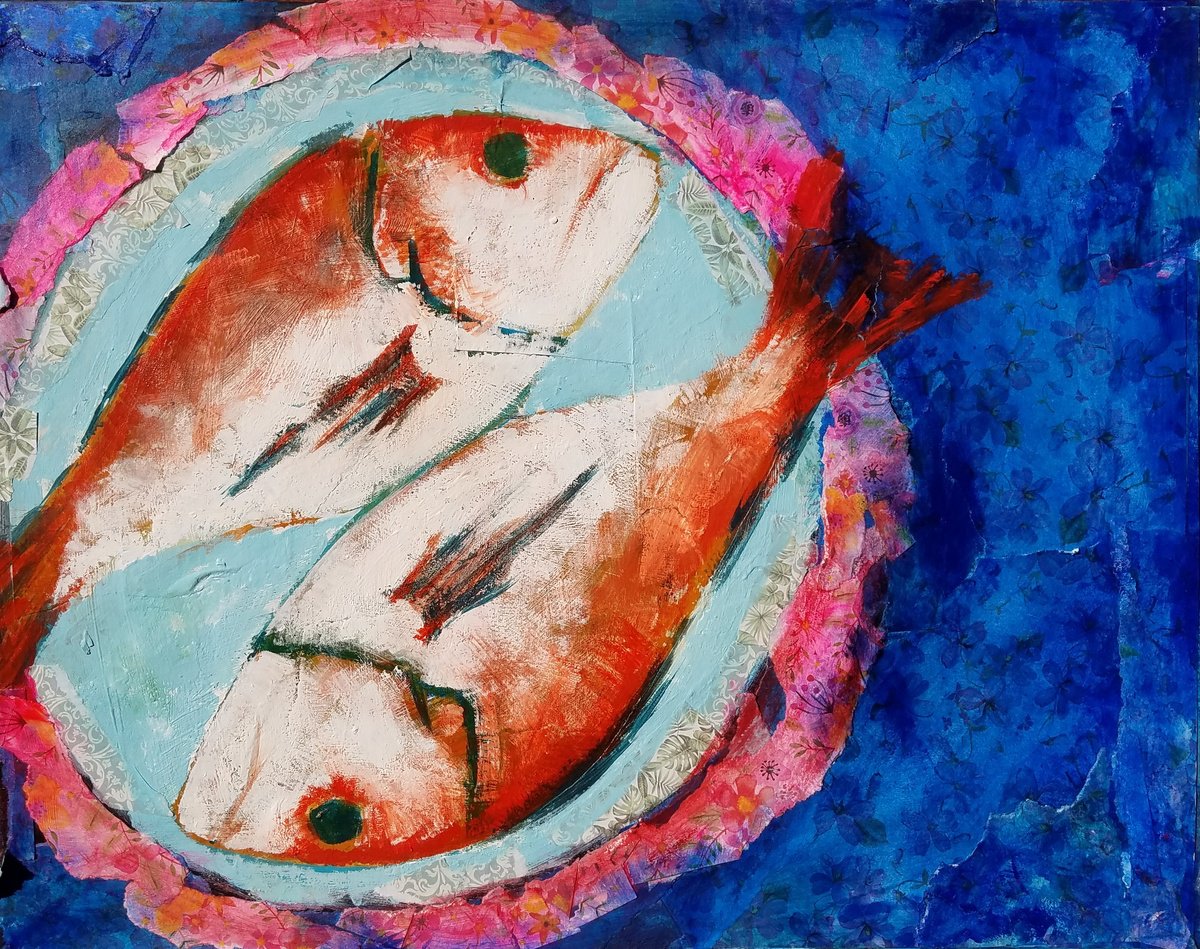 Impressionistic Animal Painting By Kevin Blake, 20 X 16", Fish On A Tray, Original Artwork