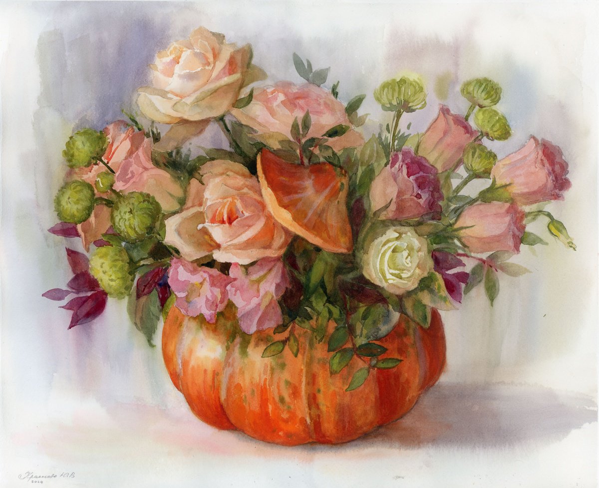 Still Life Watercolour By Yulia Krasnov, 16 X 12", "Autumn Bouquet", Original Artwork