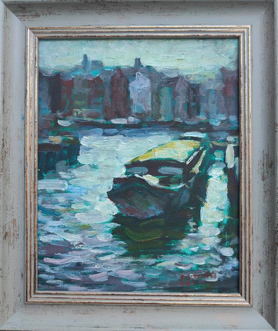 Original Oil Painting Wall Art Signed unframed Hand Made Jixiang Dong Canvas 25cm × 20cm Boats on the River in Amsterdam Netherlands Small Impressionism Impasto