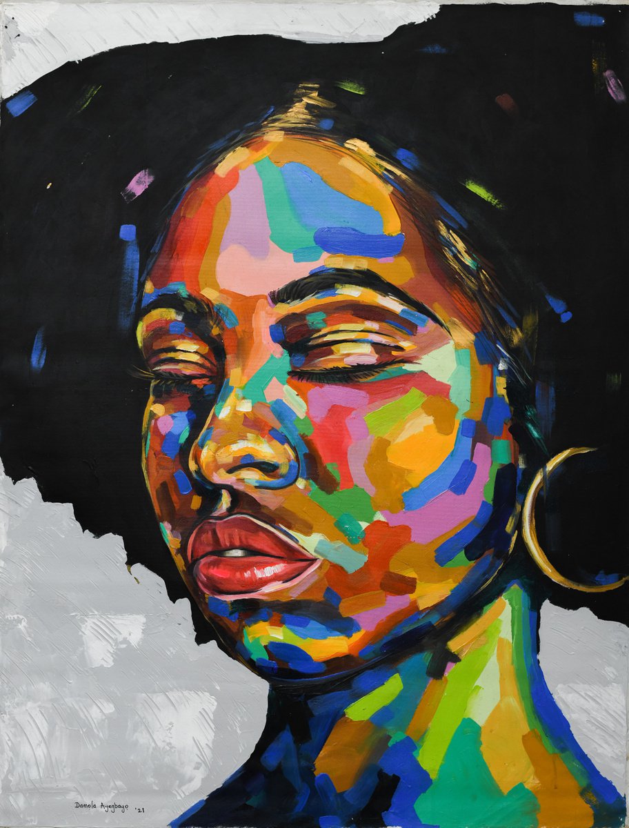 Expressive Portrait Acrylic Painting By Damola Ayegbayo, 36 X 47, State Of Mind 2, Original Artwork