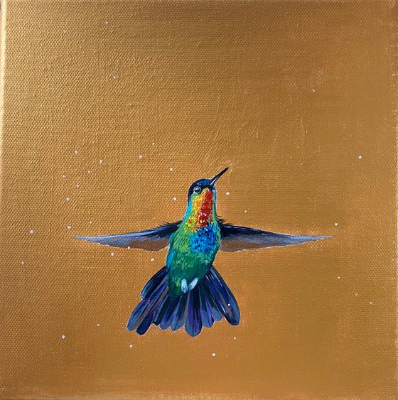 Hummingbird on gold acrylic painting