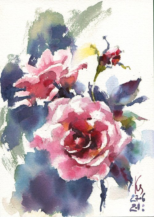 "Expressive red bouquet" original watercolor sketch small format by Ksenia Selianko