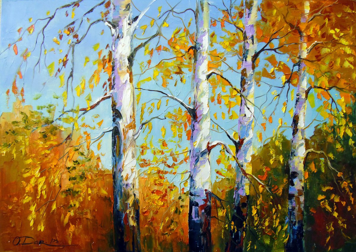 Impressionistic Landscape Oil Painting By Olha Darchuk, 28 X 20", Autumn Birch, Original Artwork