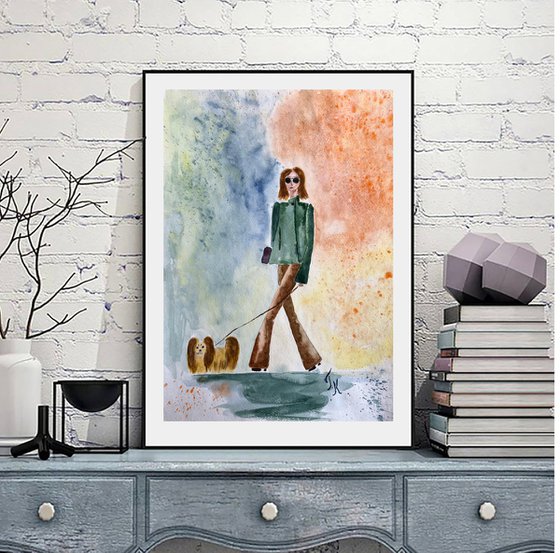 Lady with Dog Original Watercolor Painting