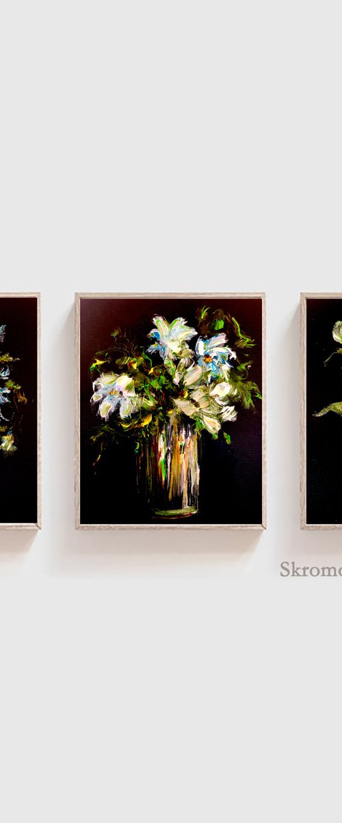 SPRING GIFT - Triptyh. Daisies. Flowers. Gift. Black color. Bouquet. Garden. Garden flowers. Mini-art. Quick painting. The best solution. Gift painting. Postcard. Season. Holidays. by Marina Skromova