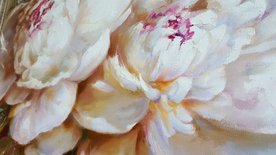 Flowers Bouquet of peonies - large oil original impasto painting