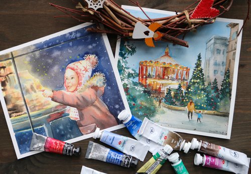 A set of two original watercolor artworks. Christmas markets in Moscow. New Year's Moscow. by Evgeniya Mokeeva