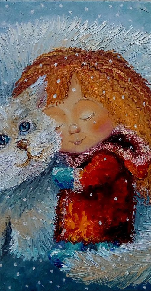 In the embrace of happiness, Painting on canvas, oil painting,people art,child, painting canvas, Impressionism,palette knife by Anastasia Kozorez