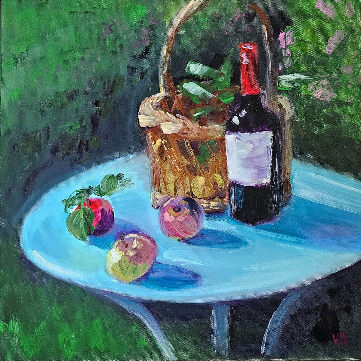 Impressionistic Botanical Oil Painting By Vera Stein, 16 X 16", Picnic In The Garden, Original Artwork