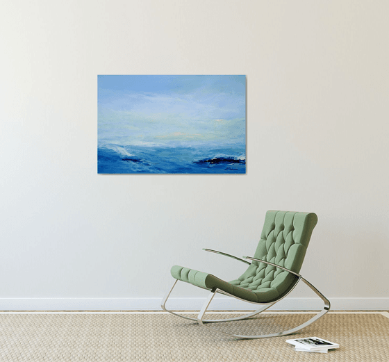 Large Abstract Seascape Painting #810-44. Dark blue, grey, teal, white. Beach, ocean, waves, sky with clouds.