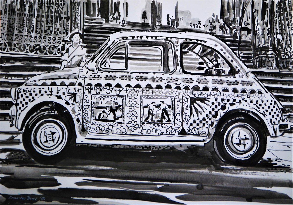 Urban And Pop Ink Drawing , Vintage Car By Alexandra Djokic, 20 X 14, Artwork For Sale On Artfinder