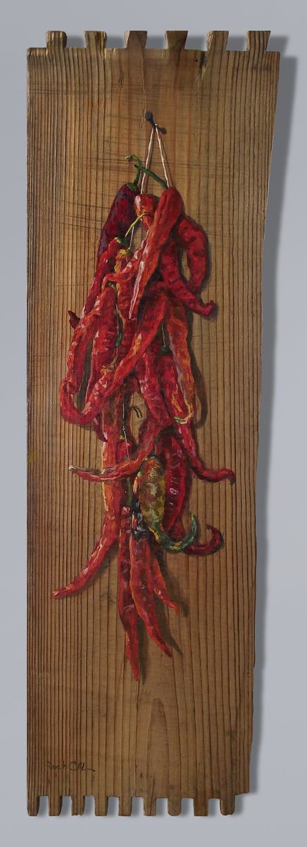 Photorealistic Still Life Oil Painting By Vachagan Manukyan, 6 X 20", Chili, Original Artwork