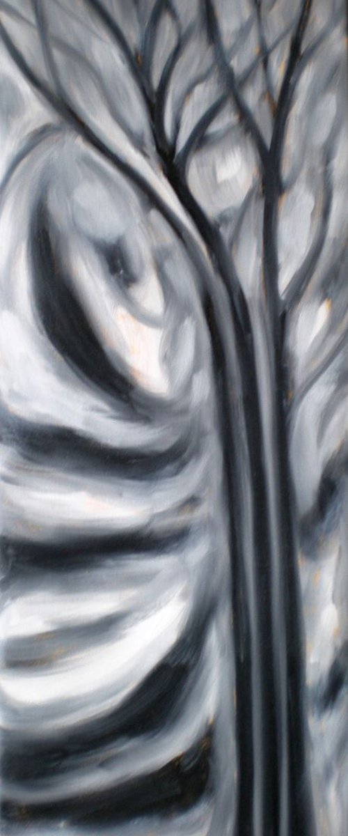 Minimalism, Black and White Painting, Twin Trees by Deepa Kern