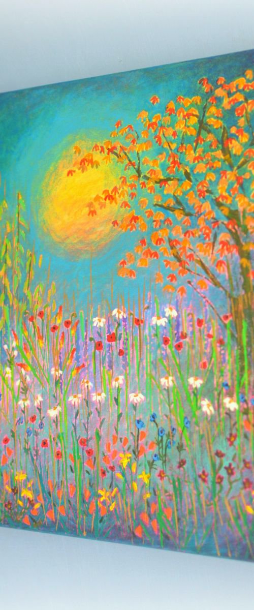 Garden in the Sun - poppies, daisies, day lilies, himalayan poppies, cosmos and red hot pokers by Lisa Mann