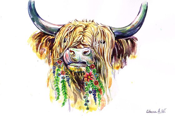 Highland Moo Cow in Spring Flowers