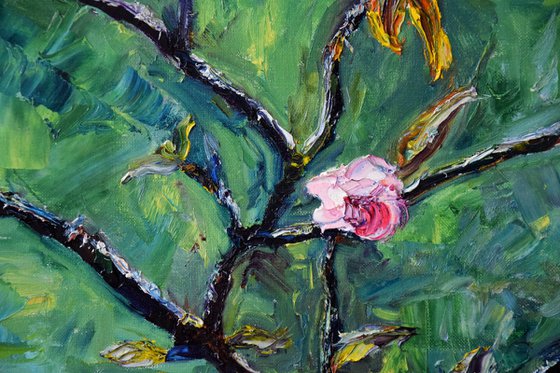 Spring flowers oil painting on canvas, pink flower, green wall art