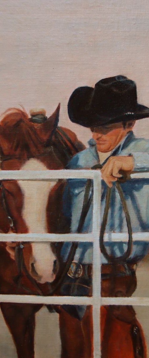 At the End of the Day, 9 X 12" cowboy and horse oil painting, ready to hang by Sarah Kennedy